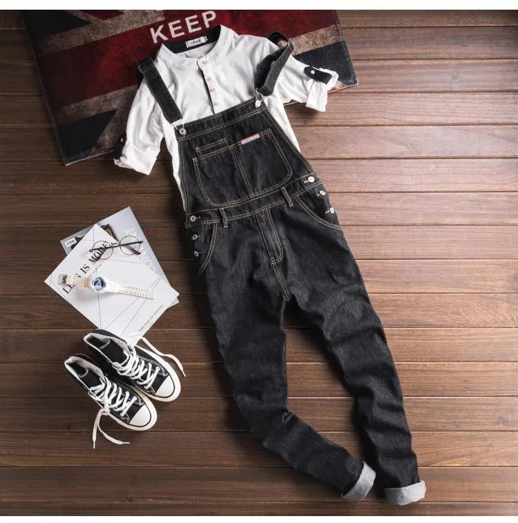 Men's Slim Patch Pocket Jumpsuit Casual Denim Overalls with Suspenders