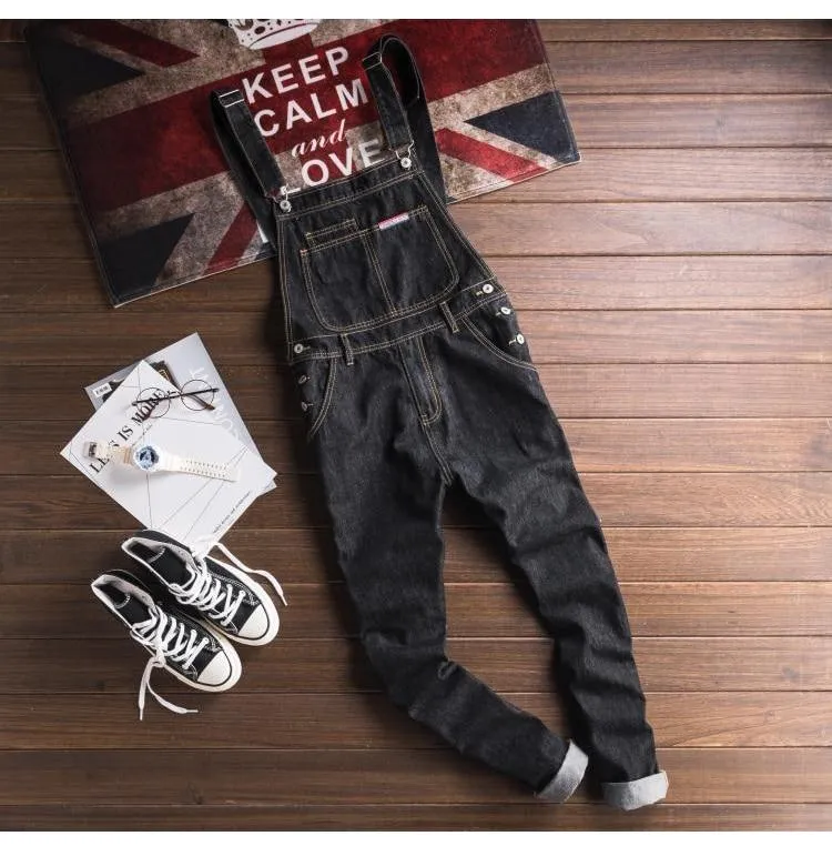 Men's Slim Patch Pocket Jumpsuit Casual Denim Overalls with Suspenders