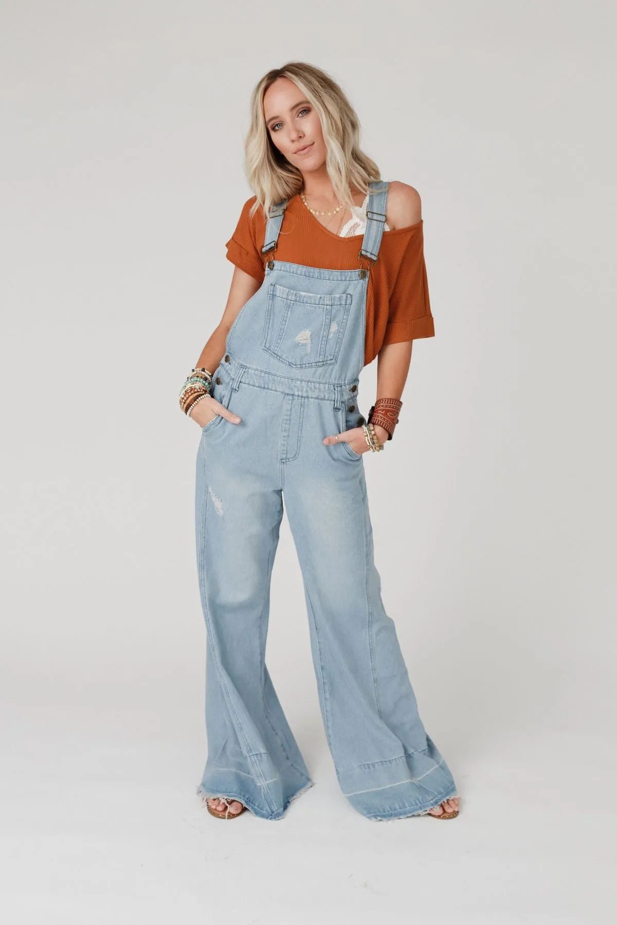 Milly Distressed Hem Wide Leg Overall - Denim