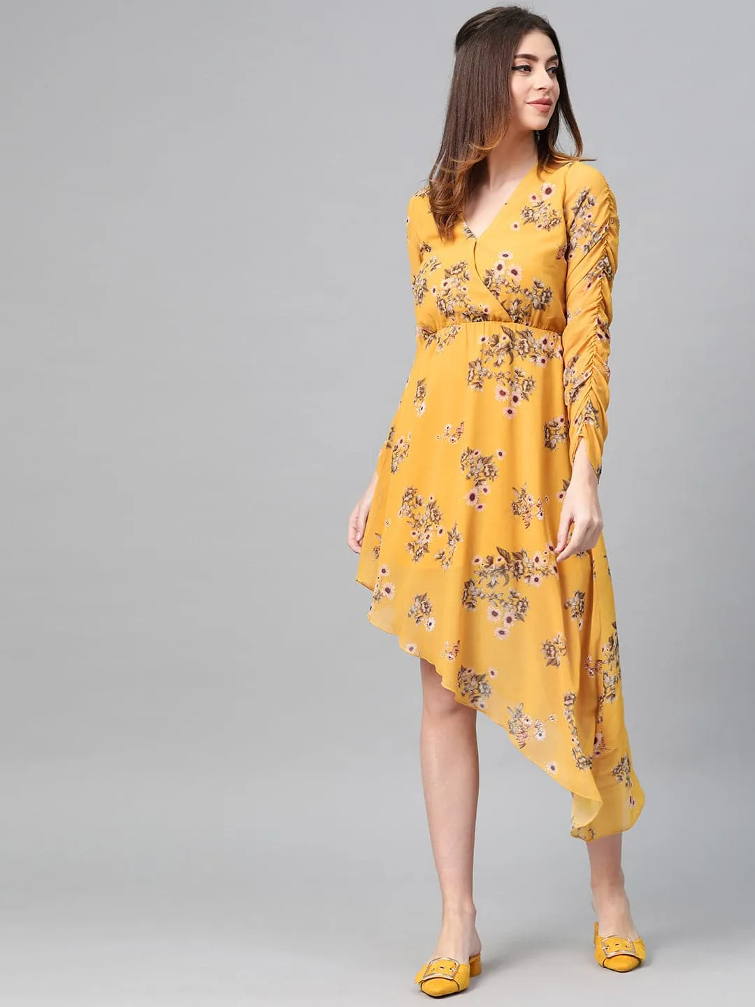 Mustard Floral Wrap Asymmetric Dress