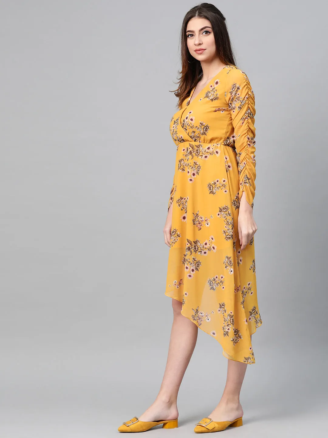 Mustard Floral Wrap Asymmetric Dress