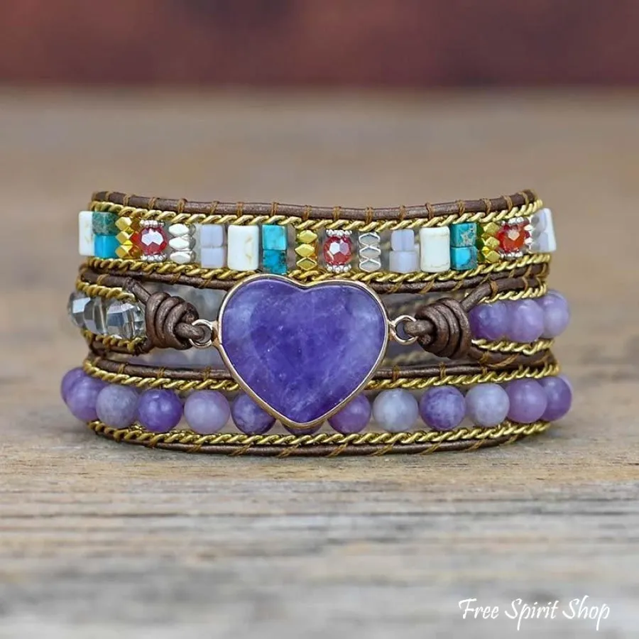 Natural Amethyst Heart Wrap Bracelet