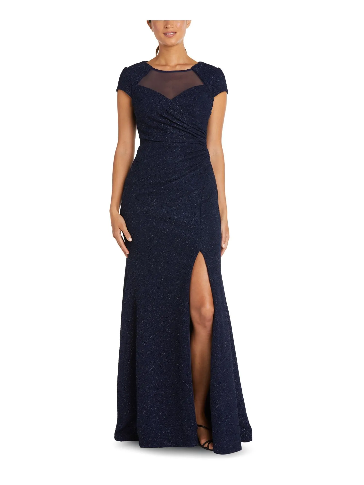 NIGHTWAY Womens Navy Slitted Glitter Zippered Lined Short Sleeve Crew Neck Full-Length Evening Gown Dress