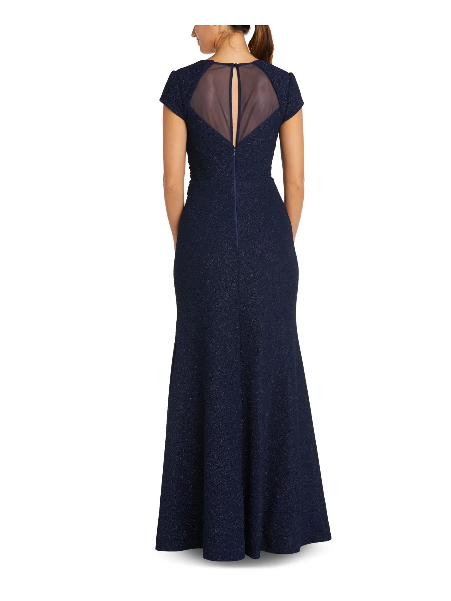 NIGHTWAY Womens Navy Slitted Glitter Zippered Lined Short Sleeve Crew Neck Full-Length Evening Gown Dress