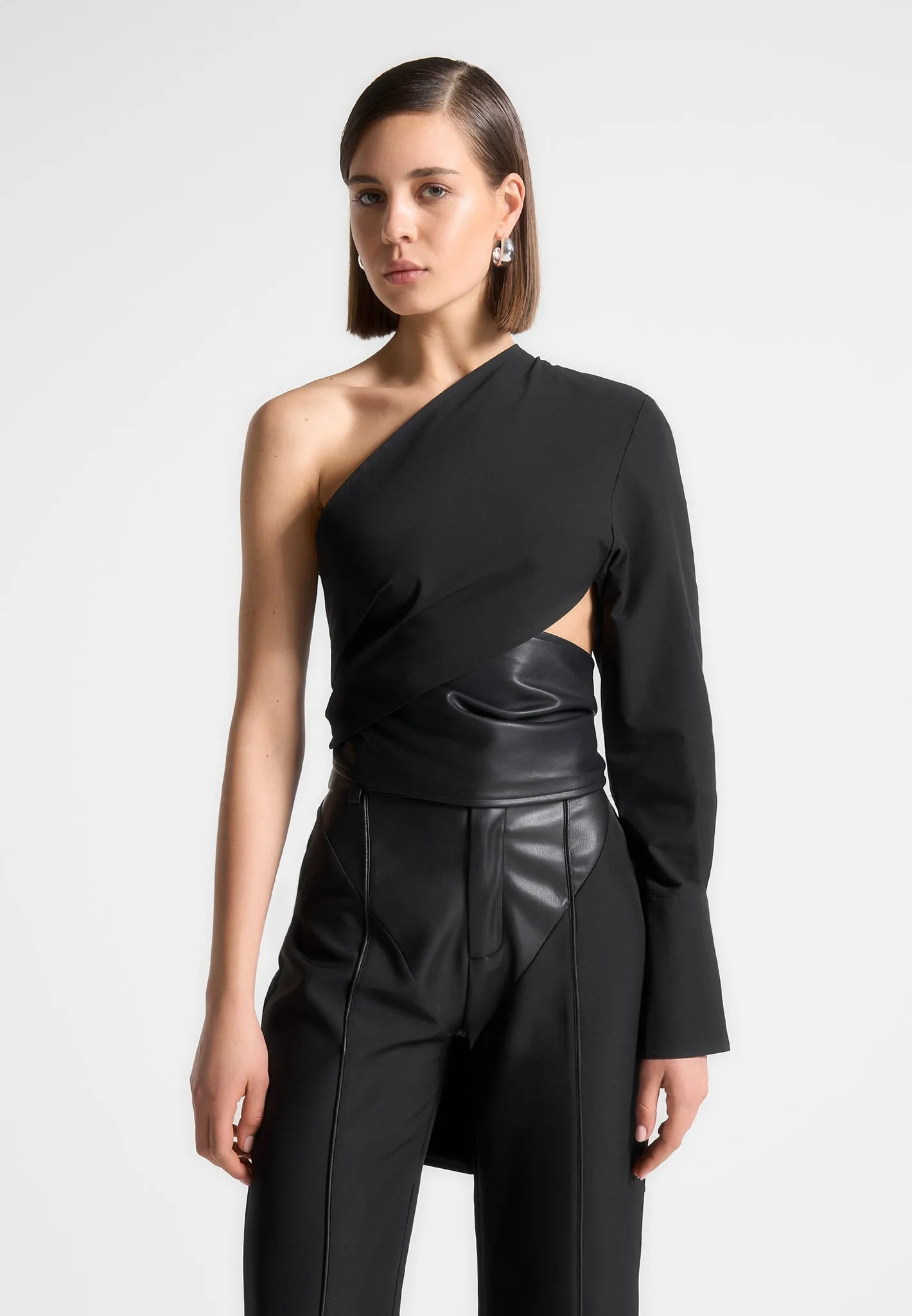 One Sleeve Leather Wrap Top - Black