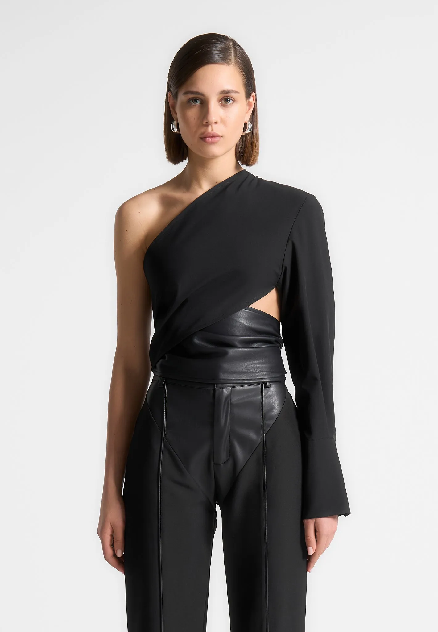 One Sleeve Leather Wrap Top - Black