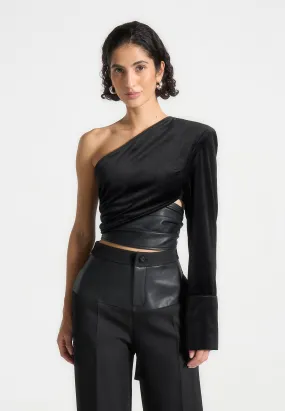 One Sleeve Velour Wrap Top - Black