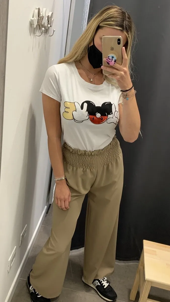 Pantaloni a palazzo con vita arricciata color khaki