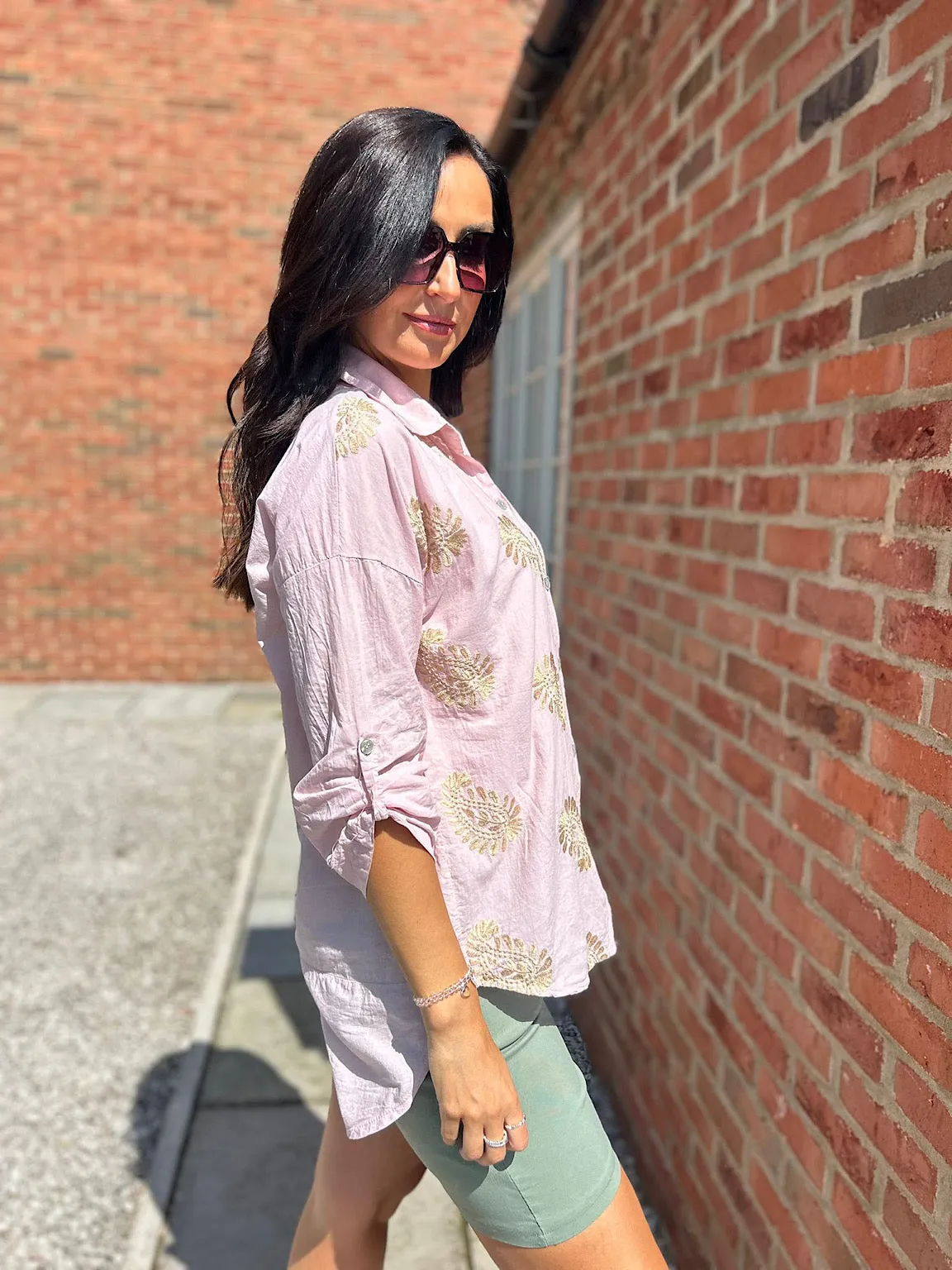 Pink Gold Shimmer Crochet Paisley Shirt Olivia