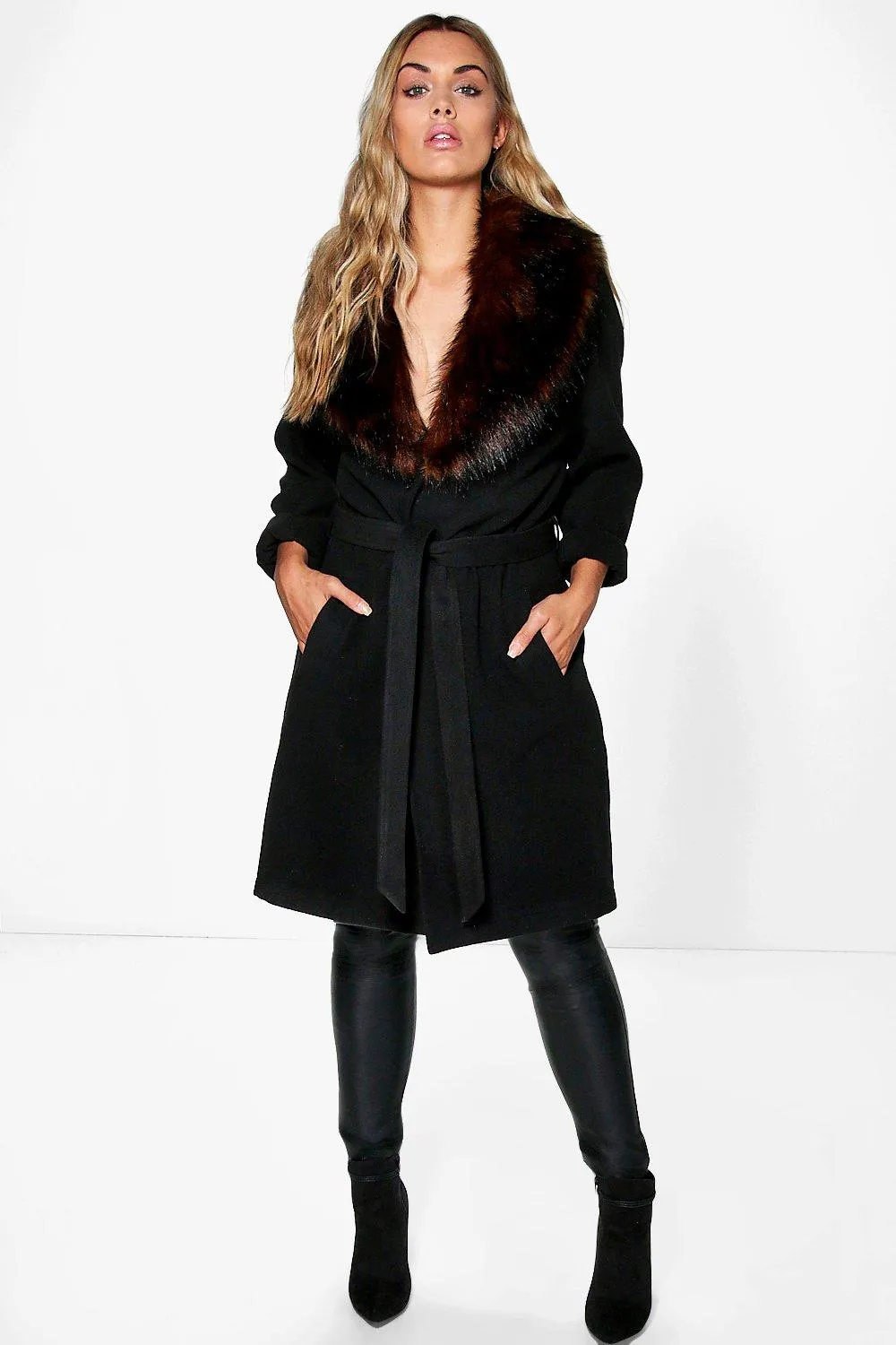 Plus Meg Robe Coat With Faux Fur Shawl Collar