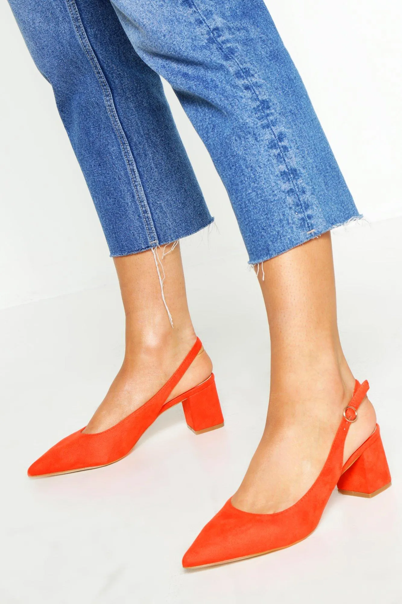 Pointed Toe Slingback Low Block Heel Ballets