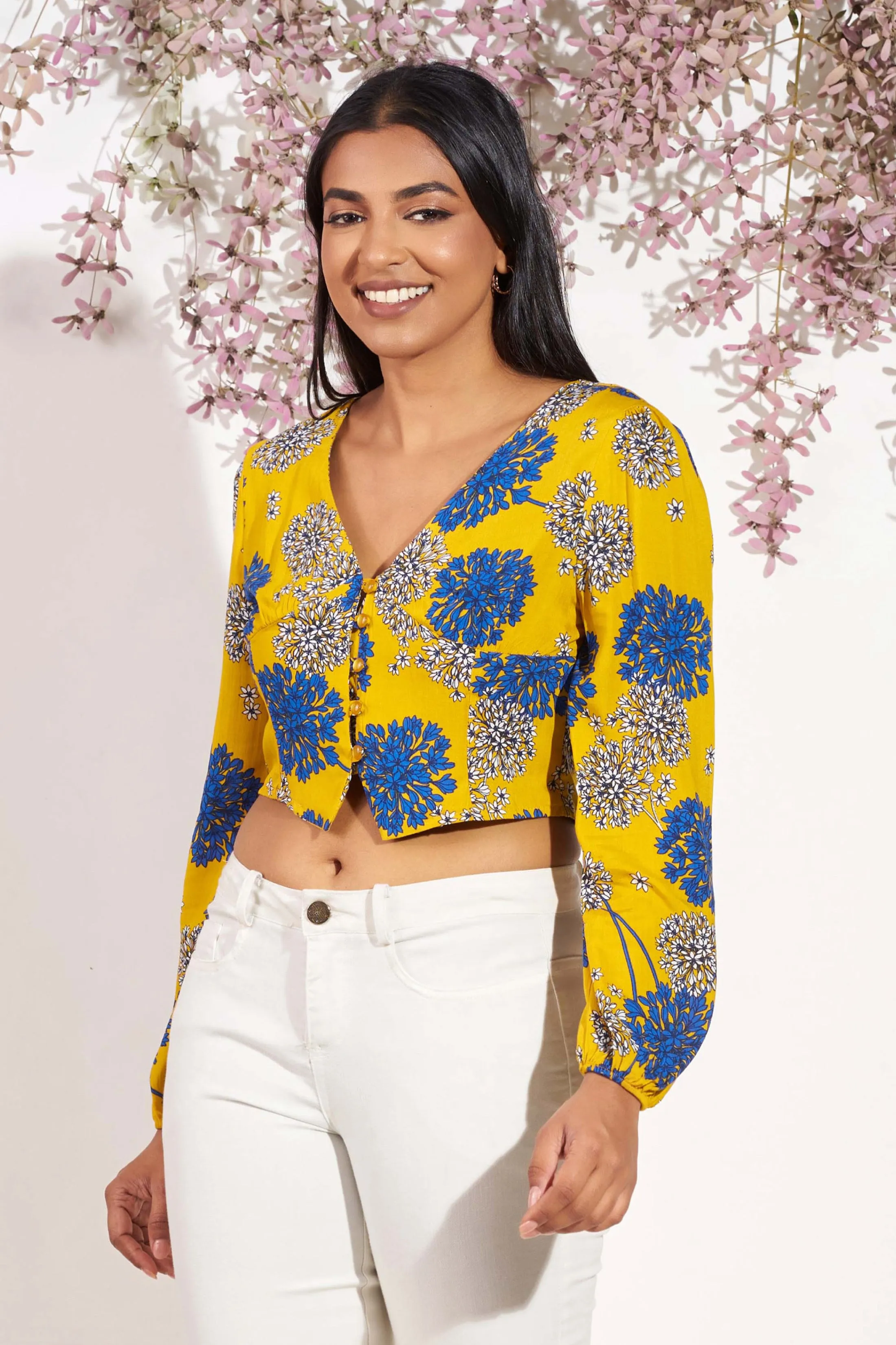 Printed Button Up Crop Top - Regular Fit