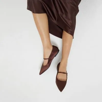 River Island Womens Brown Satin Pointed Ballet Pumps