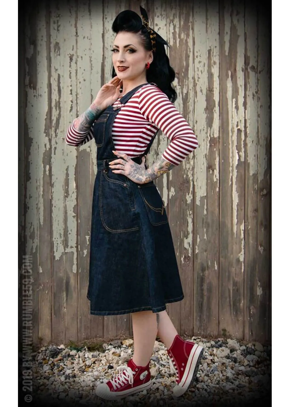 Rumble59 Rocking Rosie Jeans 50's Pinafore A-Line Dress Denim Navy