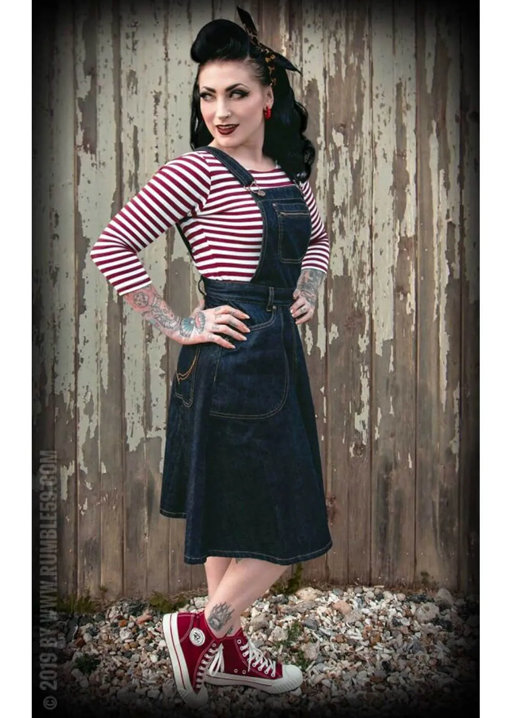 Rumble59 Rocking Rosie Jeans 50's Pinafore A-Line Dress Denim Navy