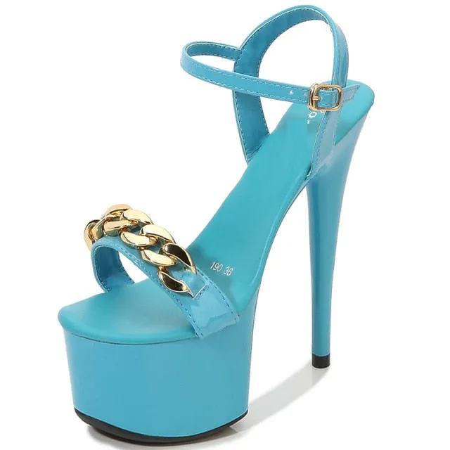 Summer Party Pumps with Metal Decorated Buckle Strap and Chunky Heel