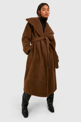 Textured Shawl Collar Belted Maxi Wool Look Coat