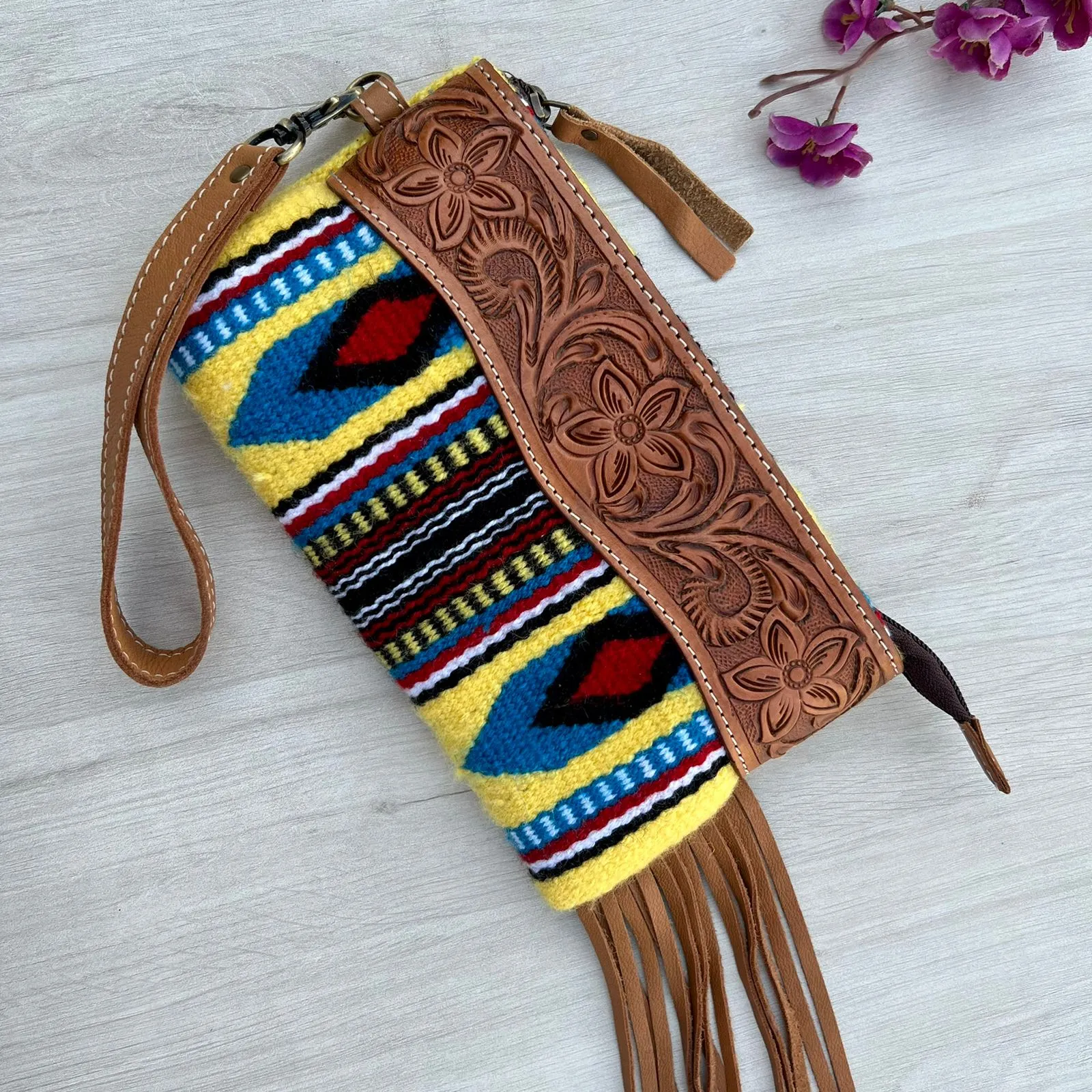 The Design Edge Tooled Yellow Saddle Blanket Tassel Clutch- TSB44A- Tan Tooled Leather