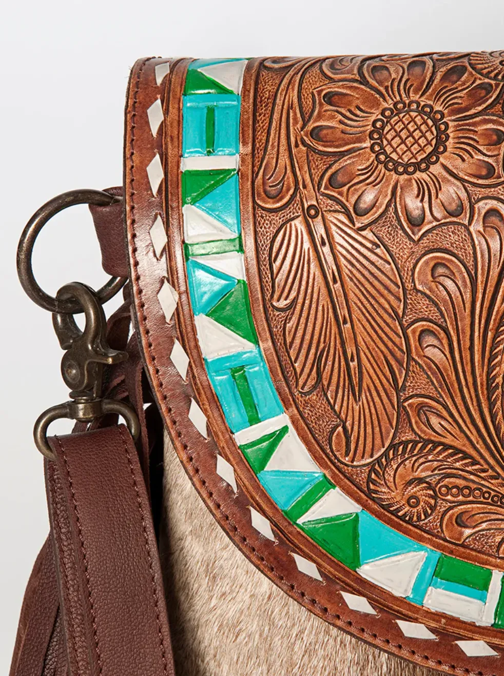 Tooled Cowhide with Turquoise Aztec Print Purse