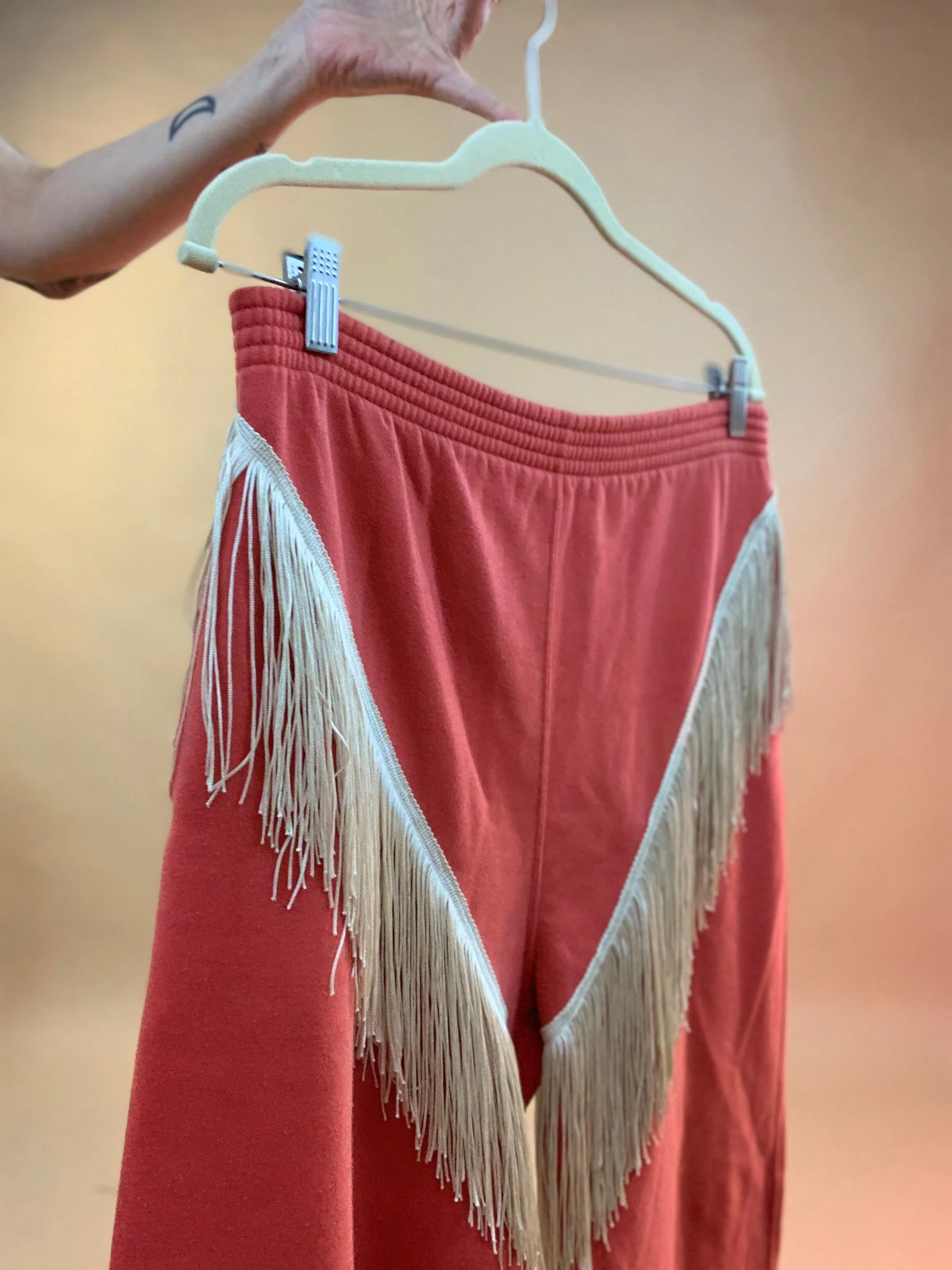 Upcycled fringe sweatsuit