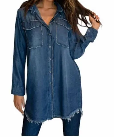 Venti6 Fringe Edge Lurex Trim Long Sleeve Denim Top