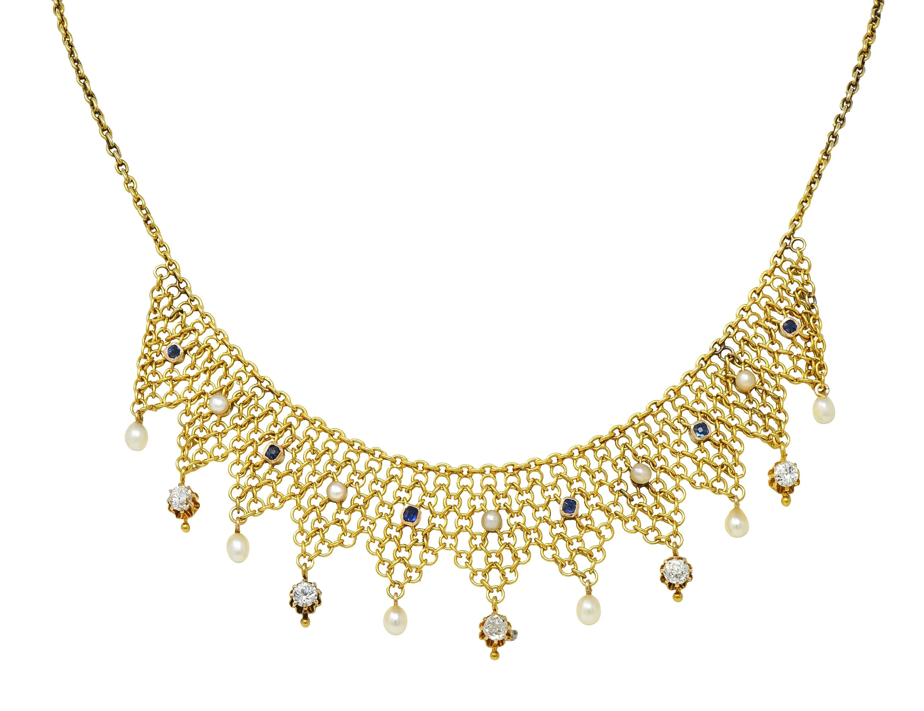 Victorian Russian 1.00 CTW Diamond Sapphire Pearl 14 Karat Gold Mesh Fringe Antique Necklace