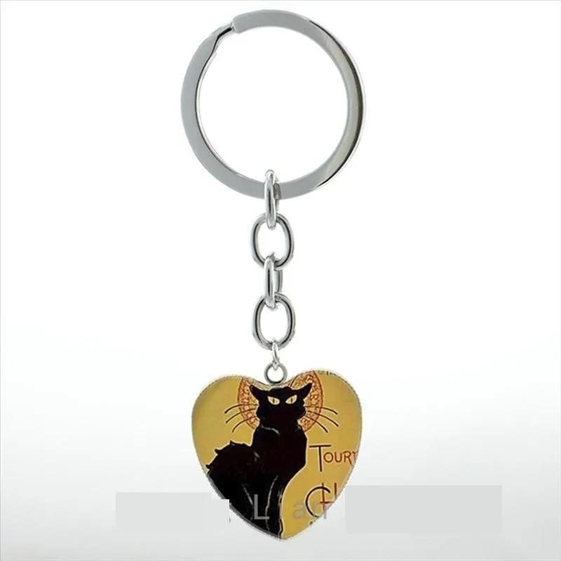 Vintage Charm Black Le Chat Noir Art Steampunk Heart Pendant Key Chain