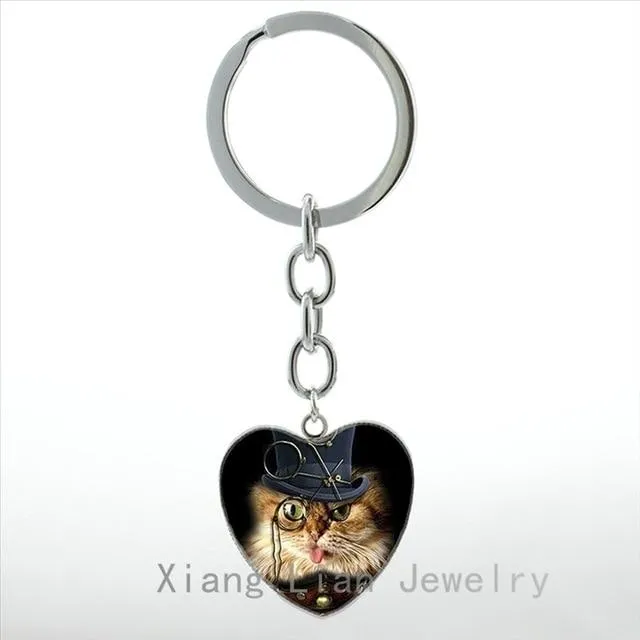 Vintage Charm Black Le Chat Noir Art Steampunk Heart Pendant Key Chain