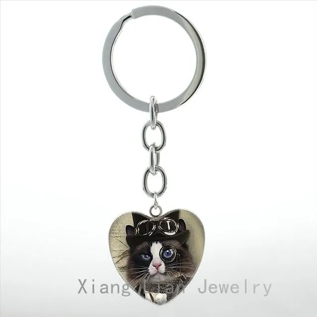 Vintage Charm Black Le Chat Noir Art Steampunk Heart Pendant Key Chain