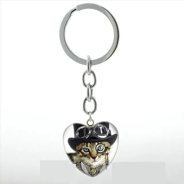 Vintage Charm Black Le Chat Noir Art Steampunk Heart Pendant Key Chain