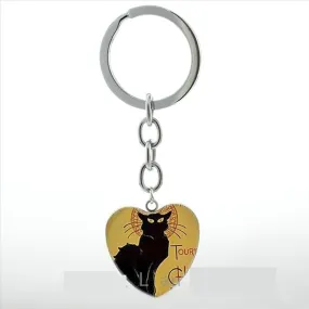 Vintage Charm Black Le Chat Noir Art Steampunk Heart Pendant Key Chain