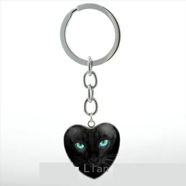 Vintage Charm Black Le Chat Noir Art Steampunk Heart Pendant Key Chain