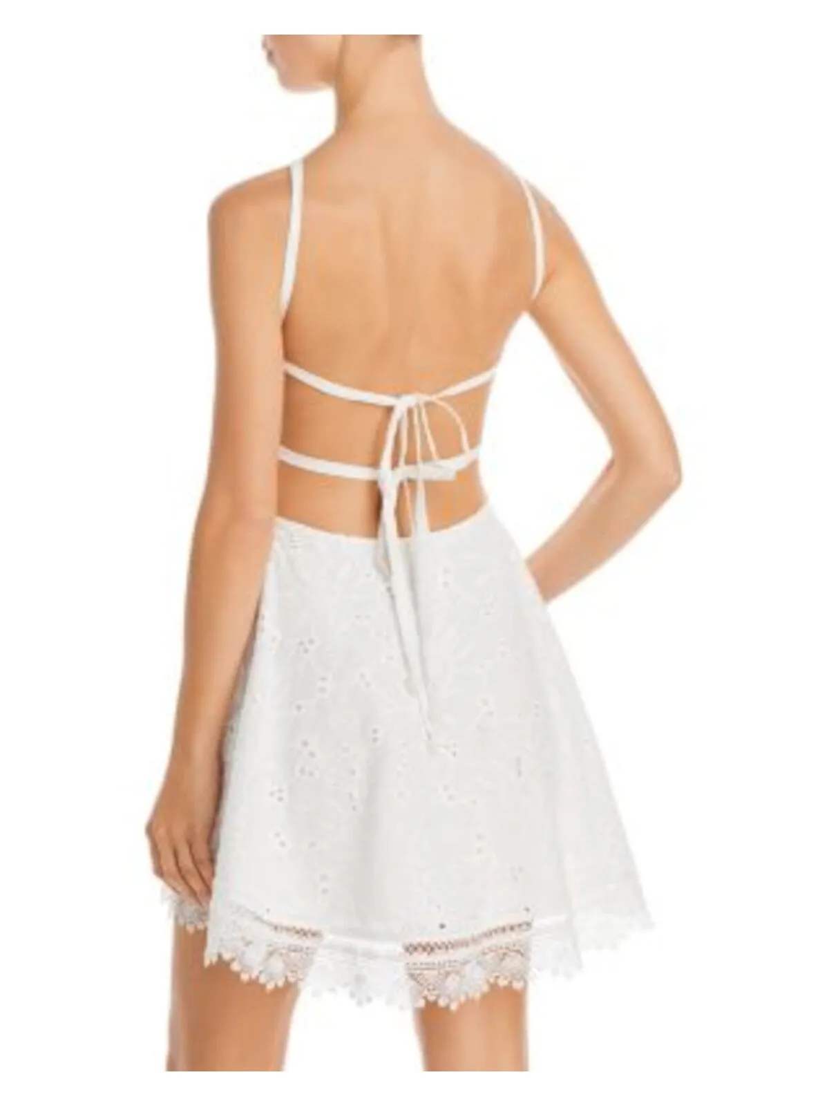 WAIMARI Womens White Zippered Open Back Tie Back Lace Trim Lined Sleeveless Halter Above The Knee Party Fit + Flare Dress