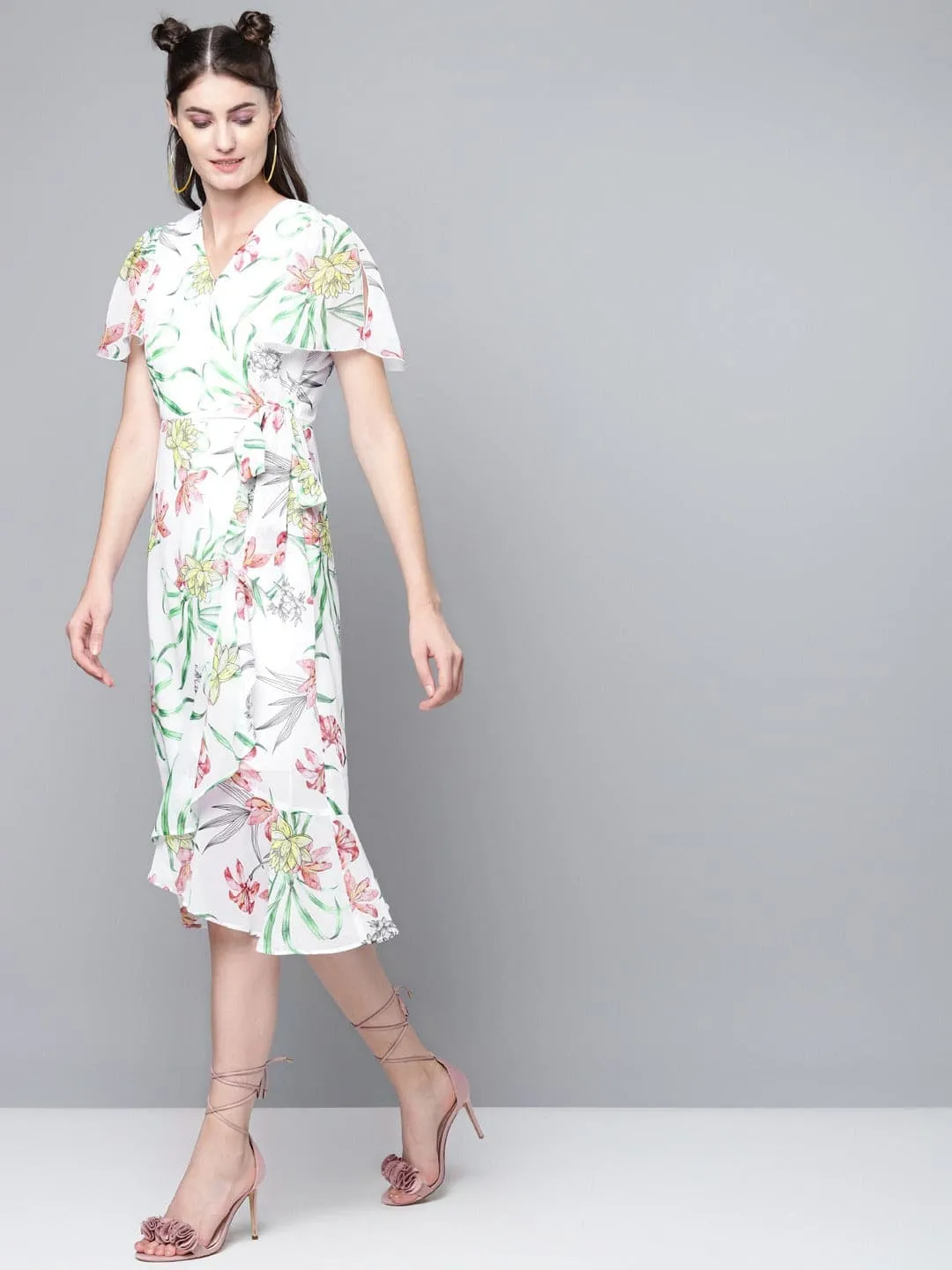 White Floral Wrap Midi Dress