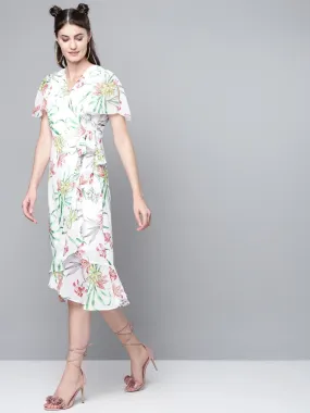 White Floral Wrap Midi Dress