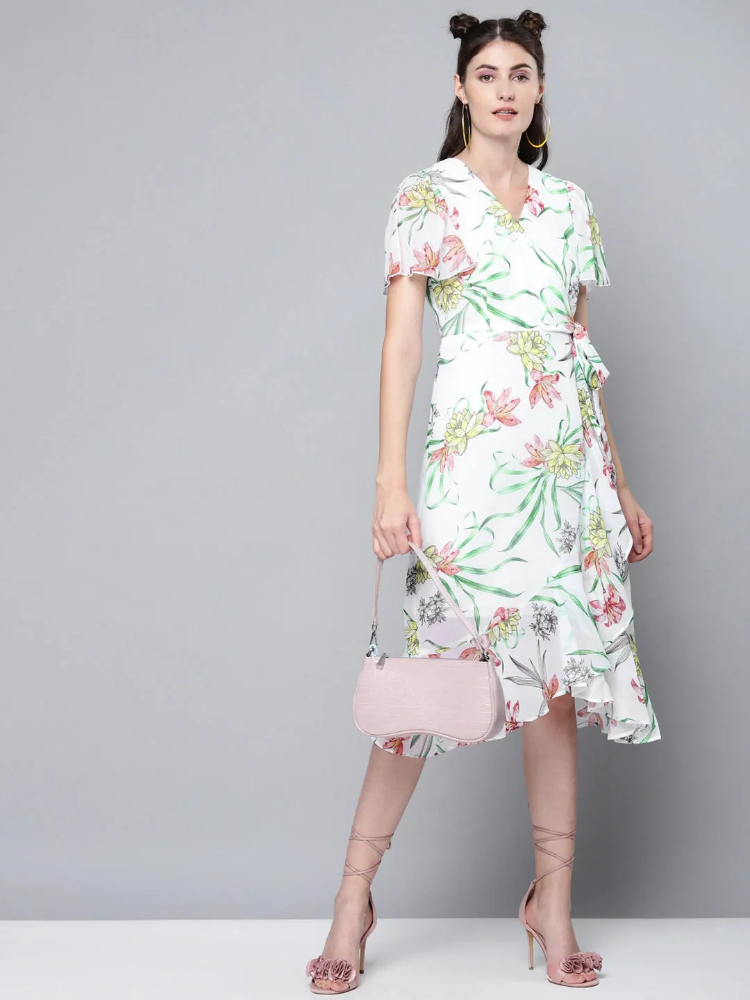 White Floral Wrap Midi Dress