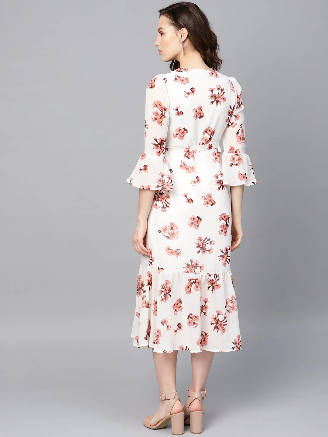 White Floral Wrap Tie Dress