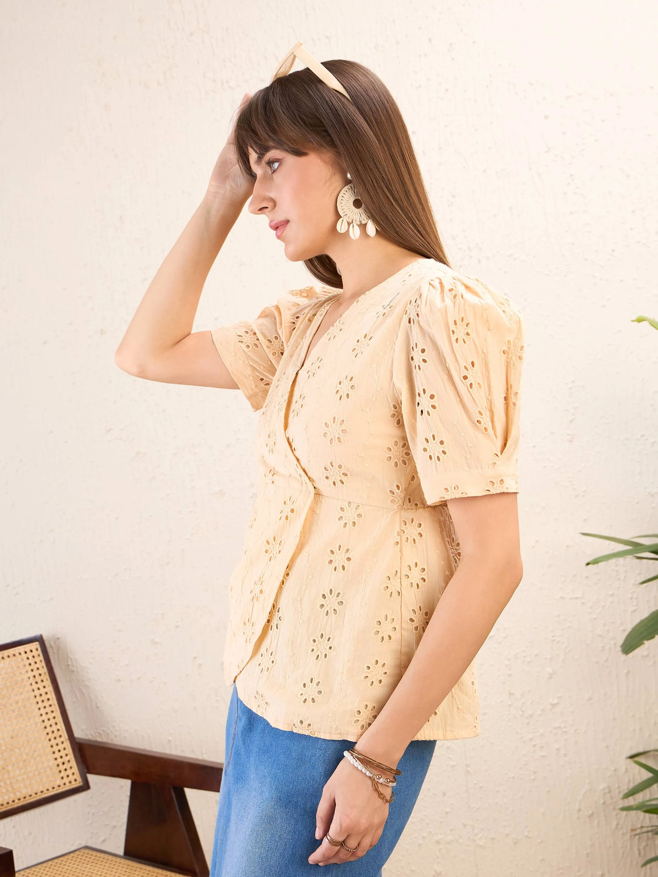 Women Beige Schiffli Wrap Peplum Top