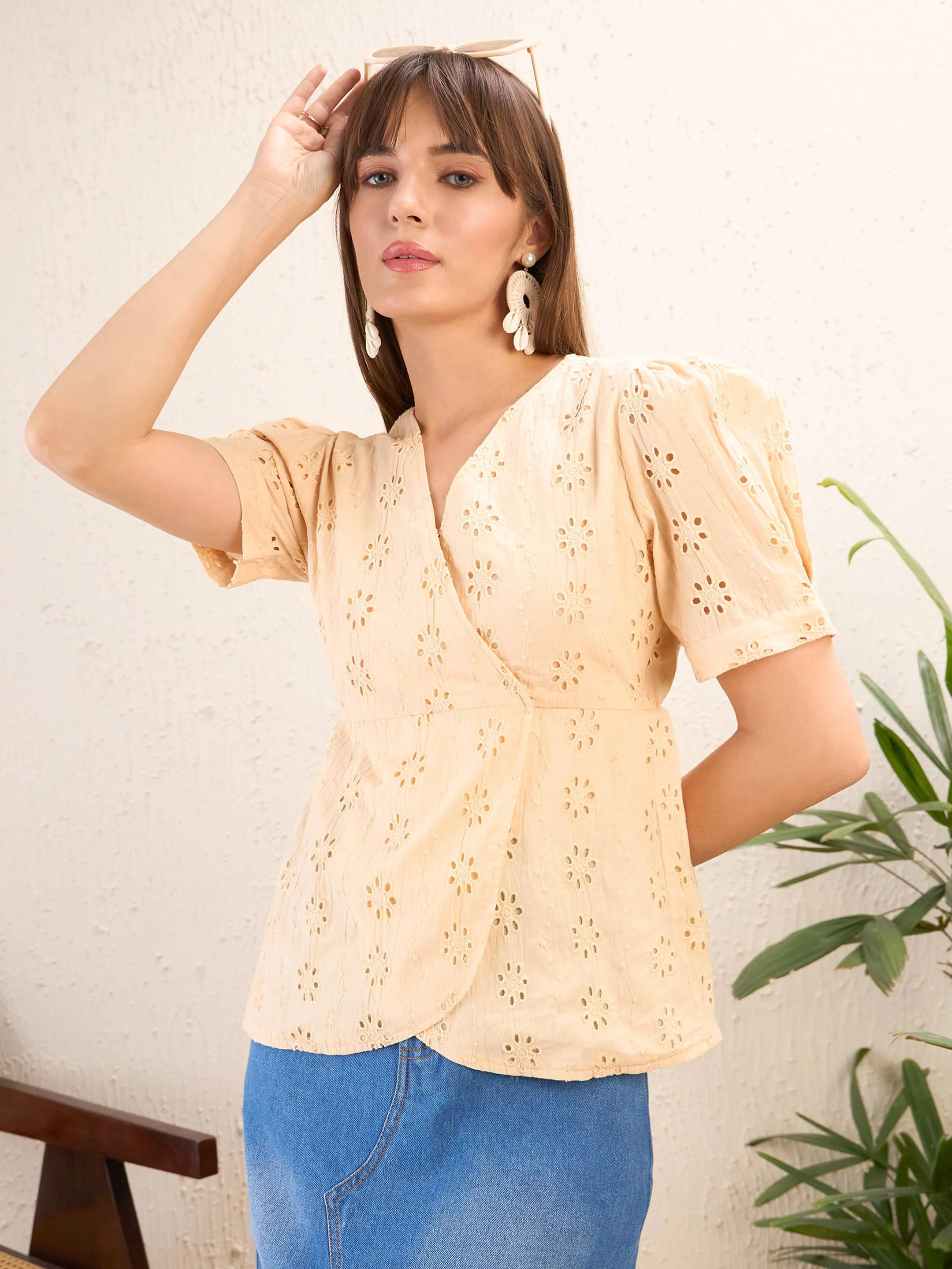 Women Beige Schiffli Wrap Peplum Top