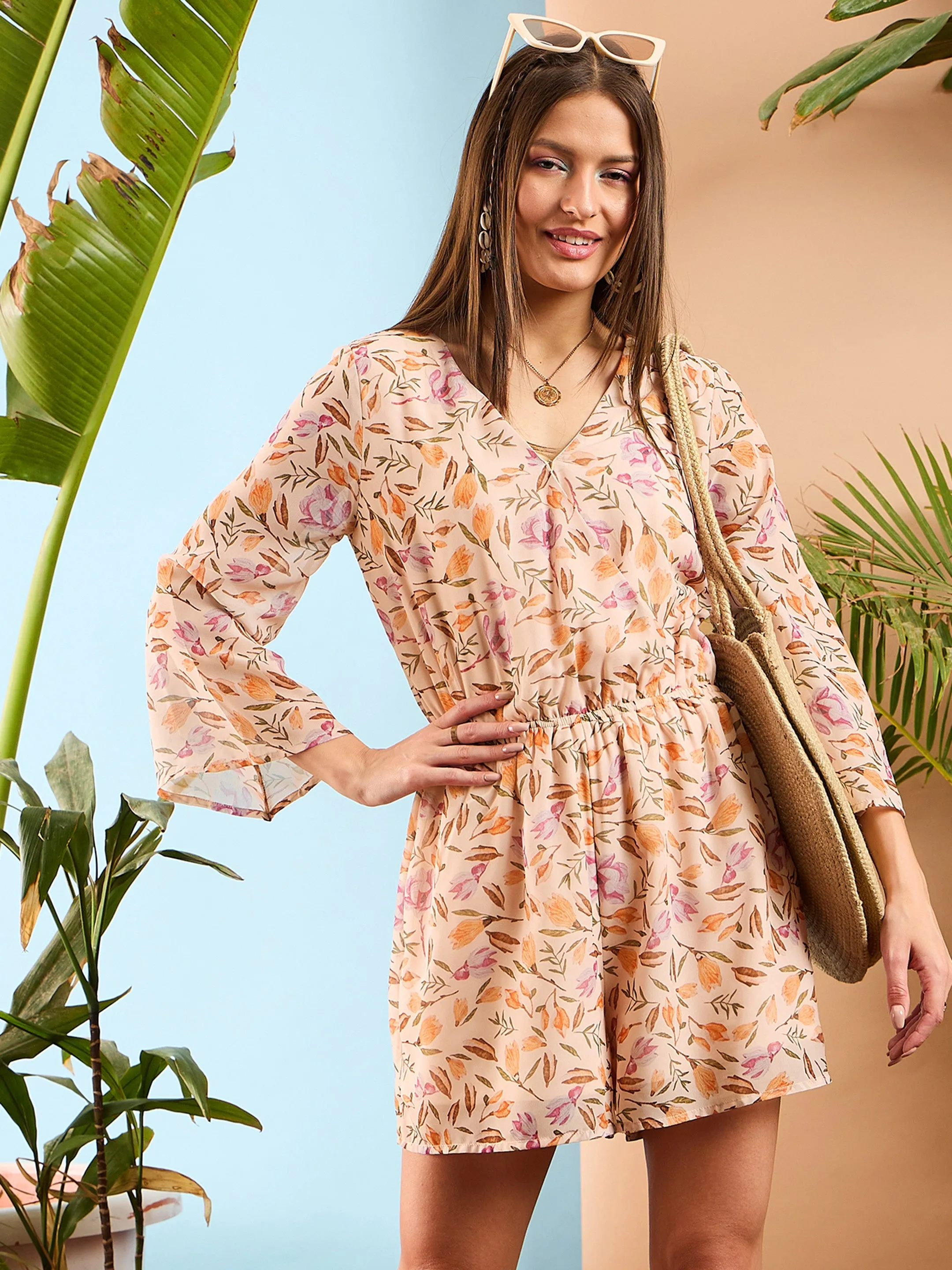 Women Peach Floral Wrap Romper