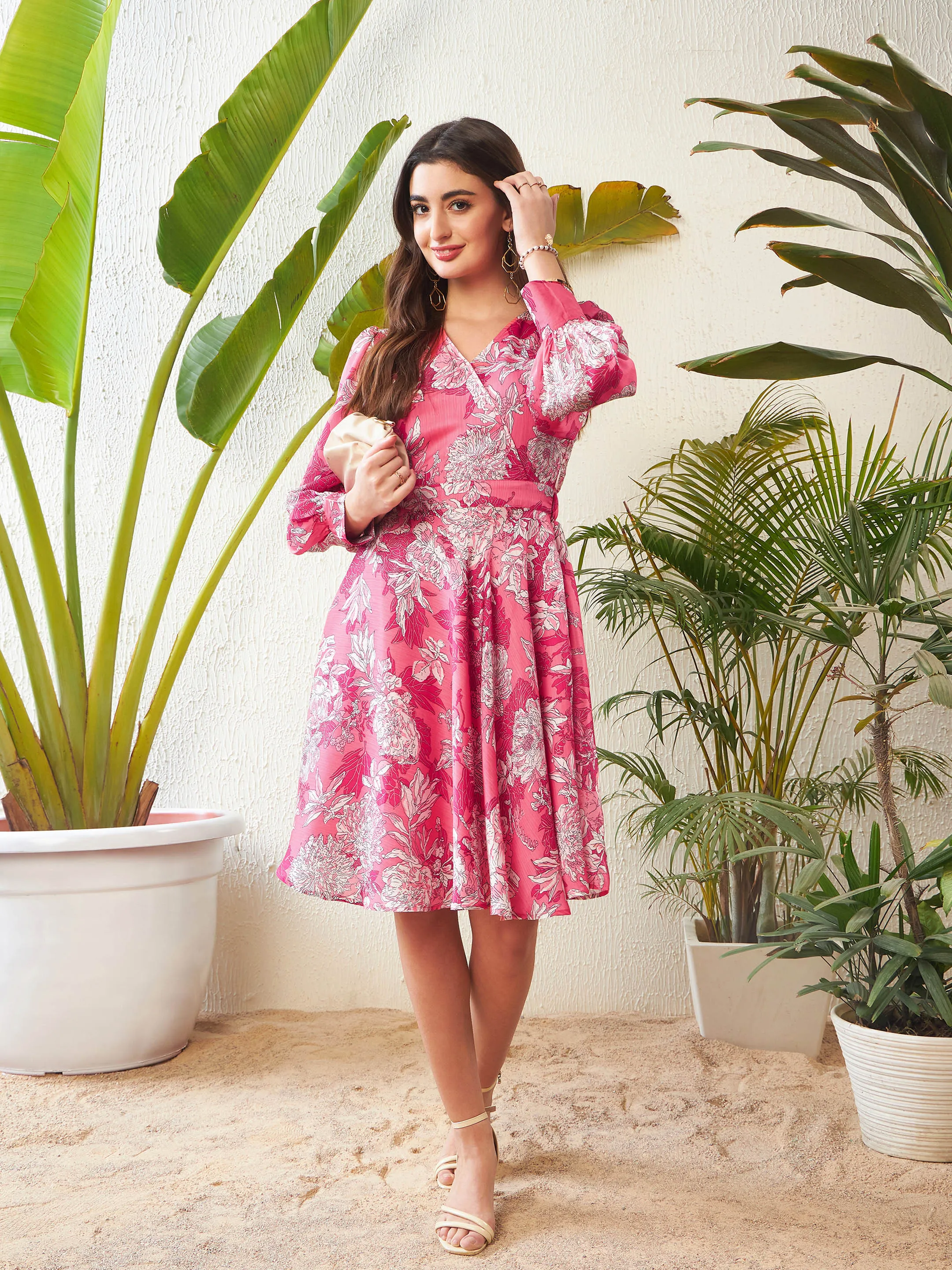 Women Pink Floral Wrap Neck Dress