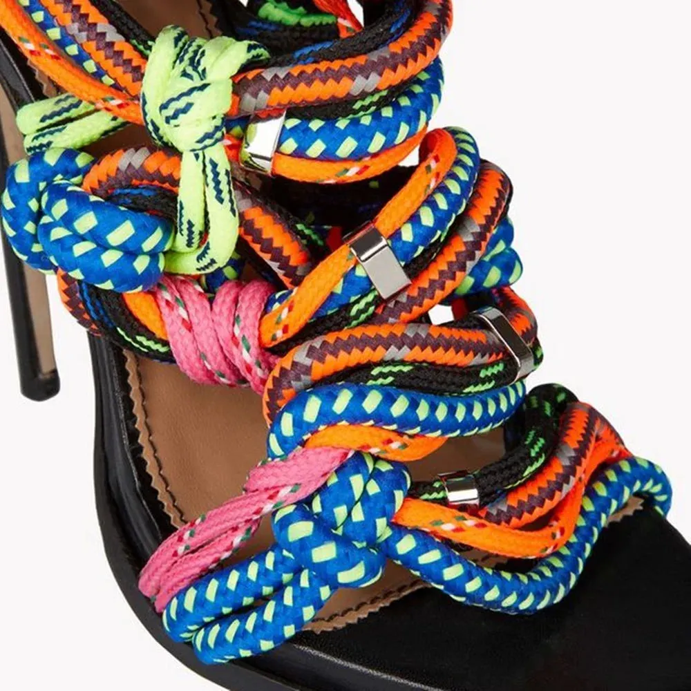 Women's Fashion Lace Up Multi-color Rope Back Zip Thin High Heel Pumps