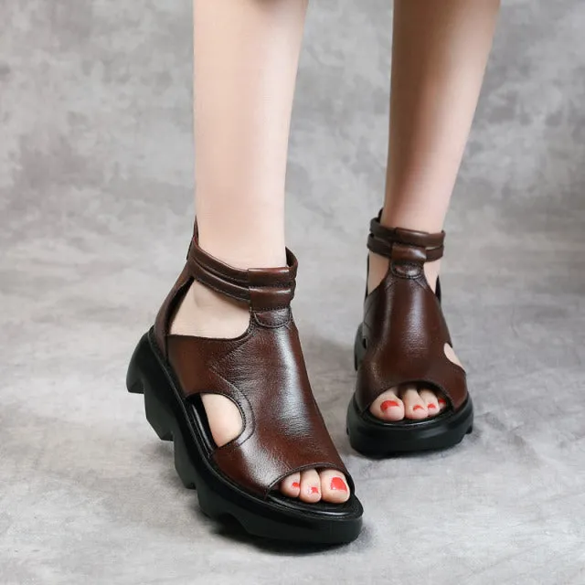 Women's Retro Casual Genuine Heel Open Toe Back Zipper Leather Sandals