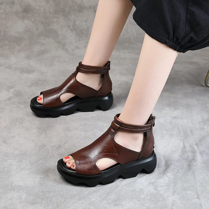 Women's Retro Casual Genuine Heel Open Toe Back Zipper Leather Sandals