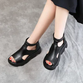 Women's Retro Casual Genuine Heel Open Toe Back Zipper Leather Sandals