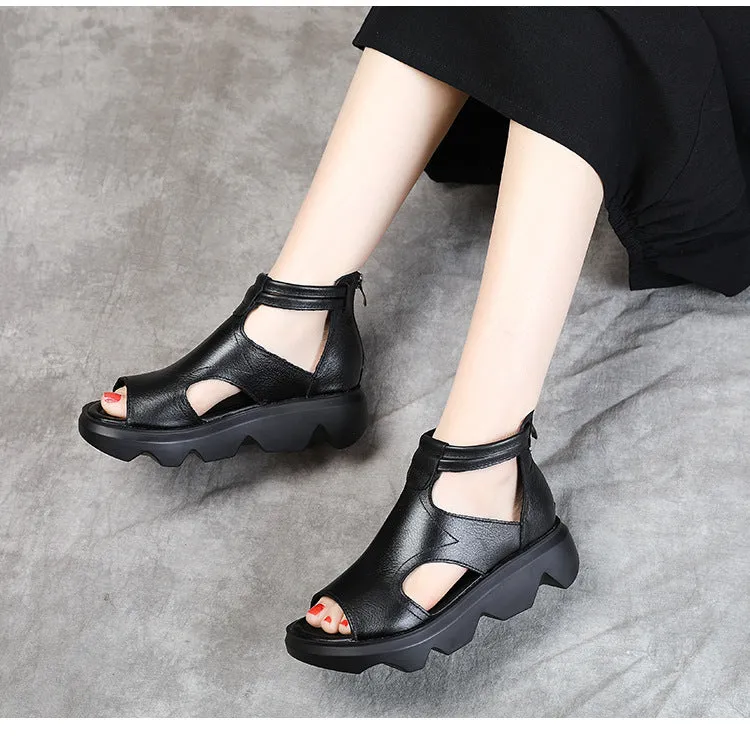 Women's Retro Casual Genuine Heel Open Toe Back Zipper Leather Sandals