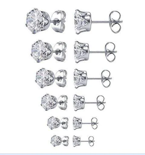 Women's Stainless Steel Round Clear AAA Cubic Zirconia Stud Earring (6 Pairs) -1