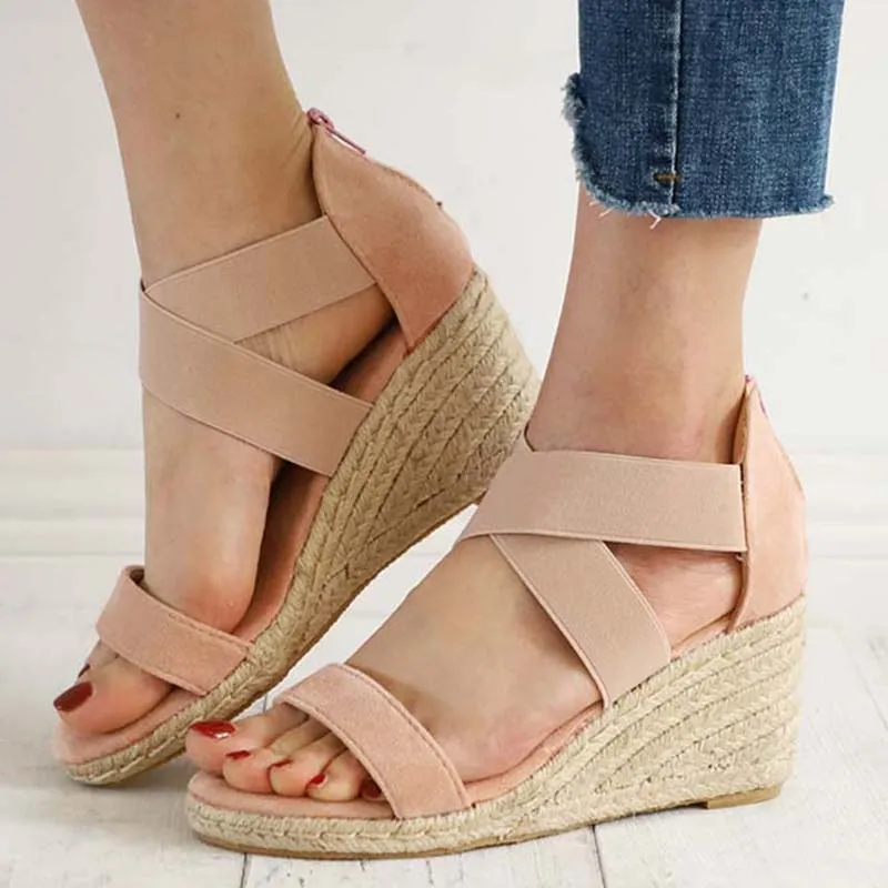 Women's Summer Fashion Peep Toe Cross Elastic Band High Heel Wedges