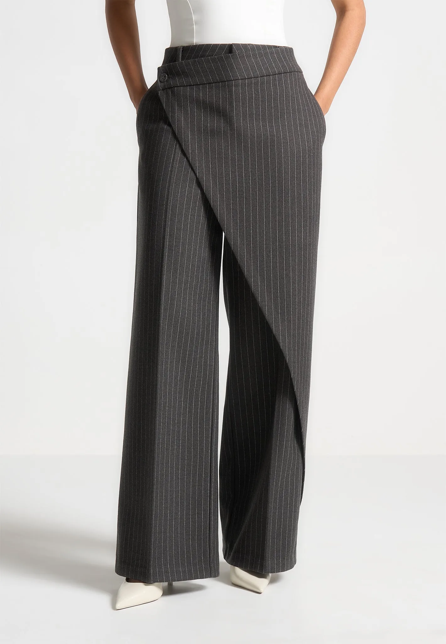 Wool Pinstripe Wrap Tailored Trousers - Grey