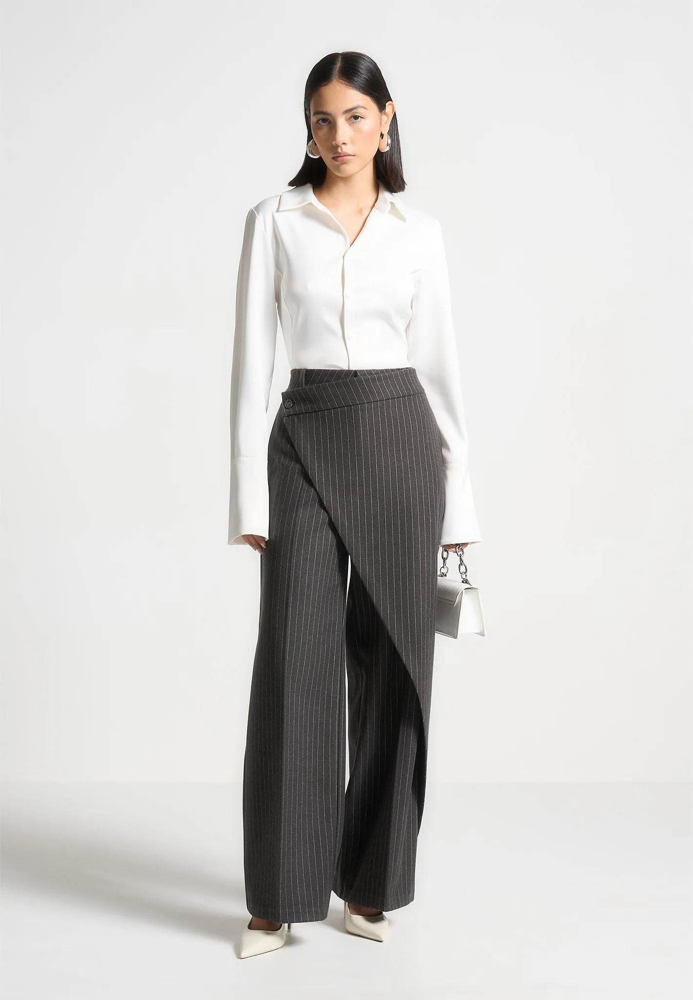 Wool Pinstripe Wrap Tailored Trousers - Grey